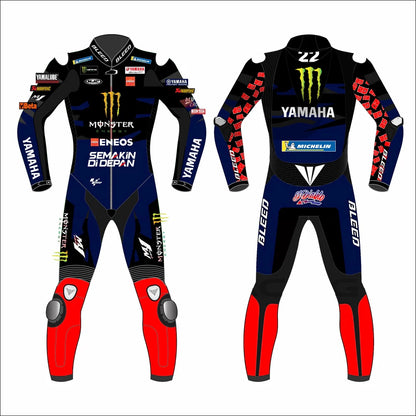 2023 Fabio Quartararo MotoGP leather racing suit front view black blue Monster Energy Yamaha graphics red knees