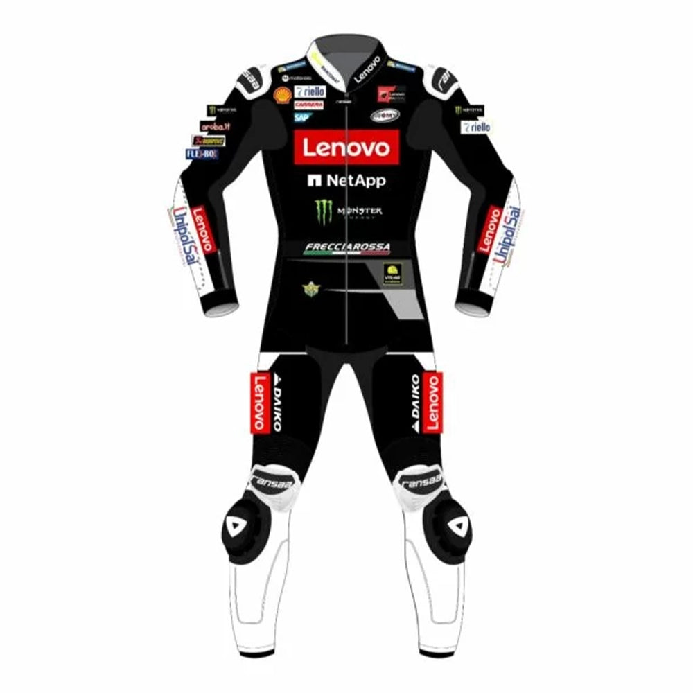 2023 Francesco Bagnaia MotoGP leather racing suit front view black white red Winter Test Ducati Lenovo graphics
