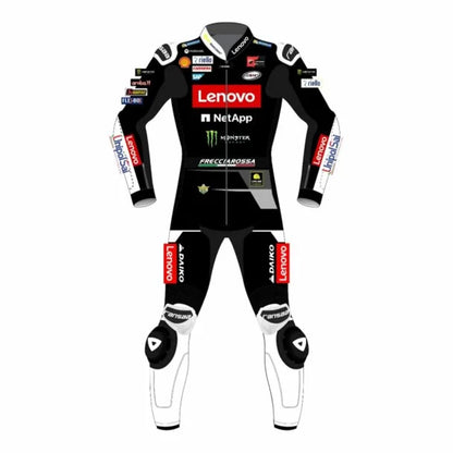 2023 Francesco Bagnaia MotoGP leather racing suit front view black white red Winter Test Ducati Lenovo graphics