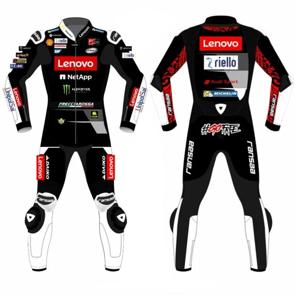 2023 Francesco Bagnaia MotoGP leather racing suit front view black white red Winter Test Ducati Lenovo graphics