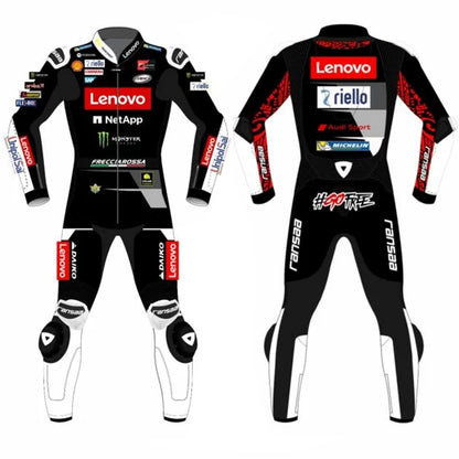 2023 Francesco Bagnaia MotoGP leather racing suit front view black white red Winter Test Ducati Lenovo graphics