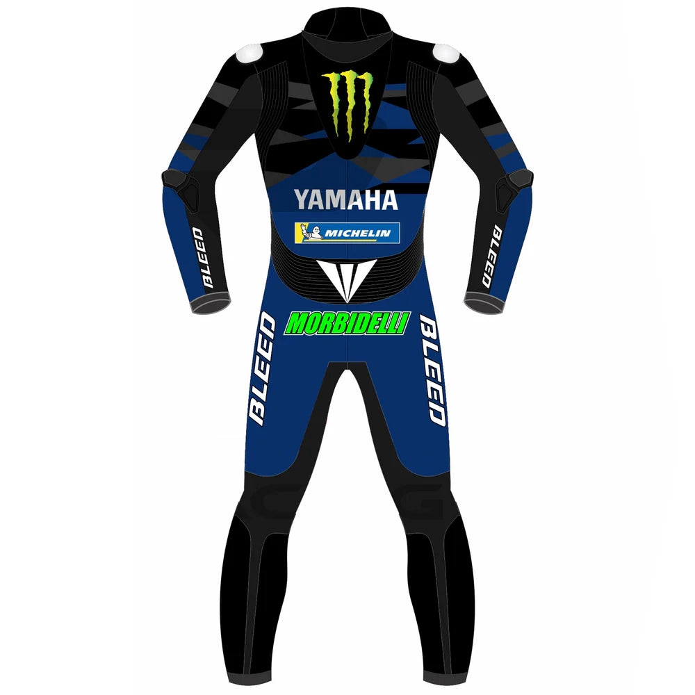 2023 Franco Morbidelli MotoGP leather racing suit front view dark blue black Monster Energy Yamaha graphics green 21 logo