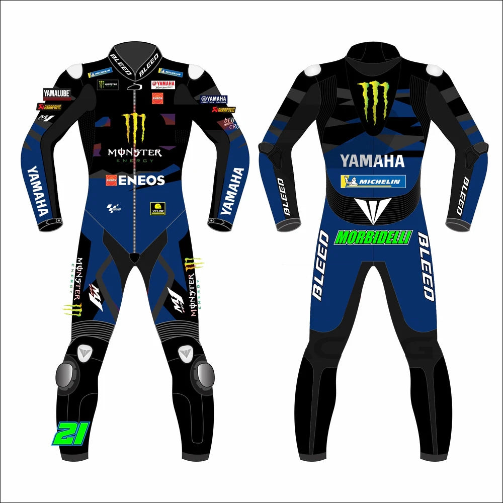 2023 Franco Morbidelli MotoGP leather racing suit front view dark blue black Monster Energy Yamaha graphics green 21 logo