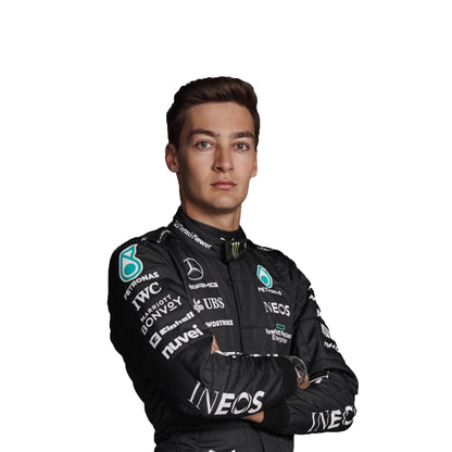 Person wearing a black racing suit with various sponsor logos on a white background