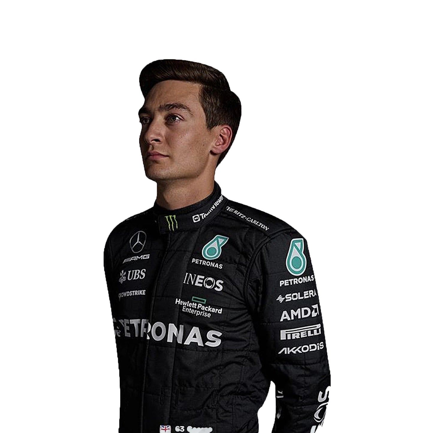 Person wearing a black racing suit with various sponsor logos on a white background