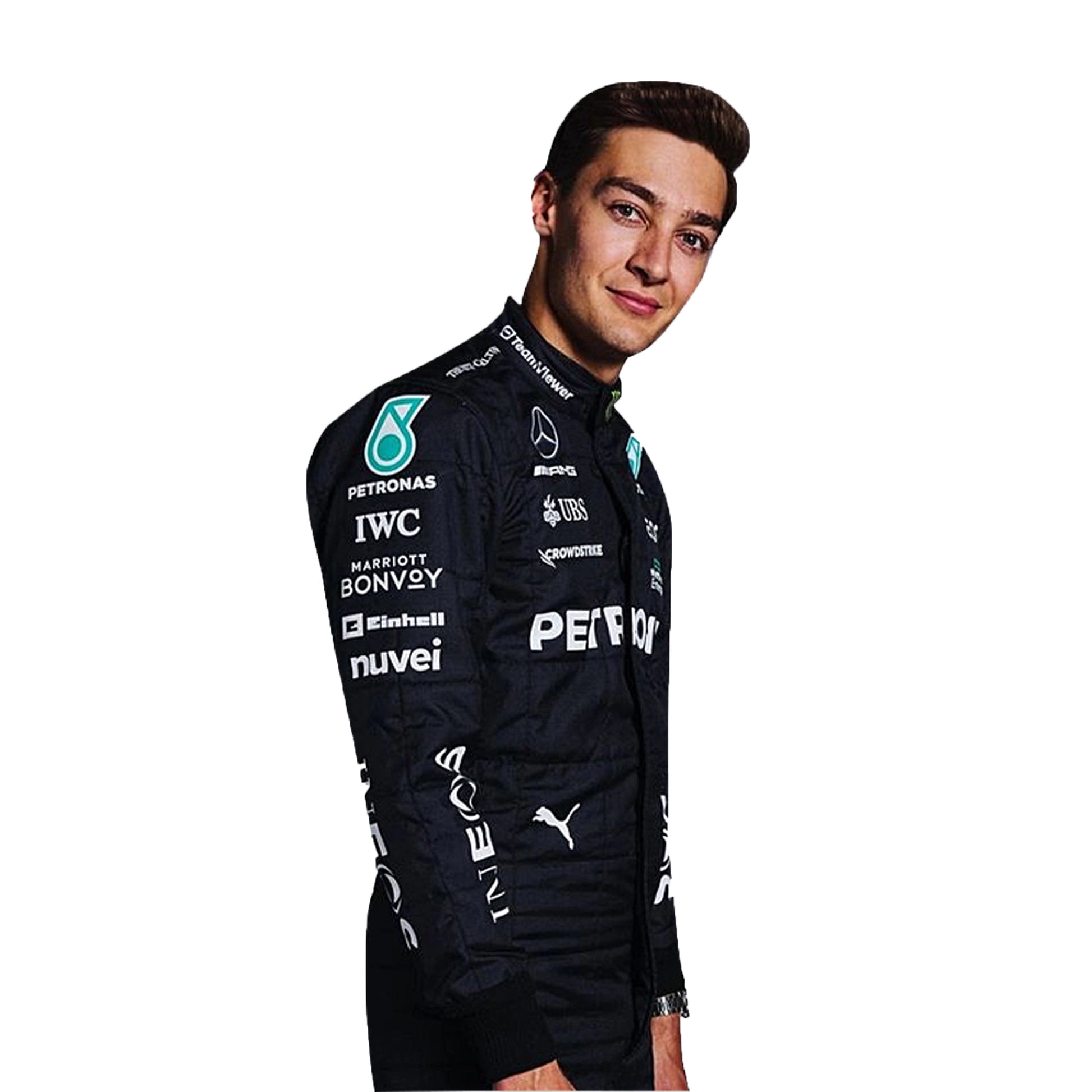 Person wearing a black racing suit with various sponsor logos on a light gray background