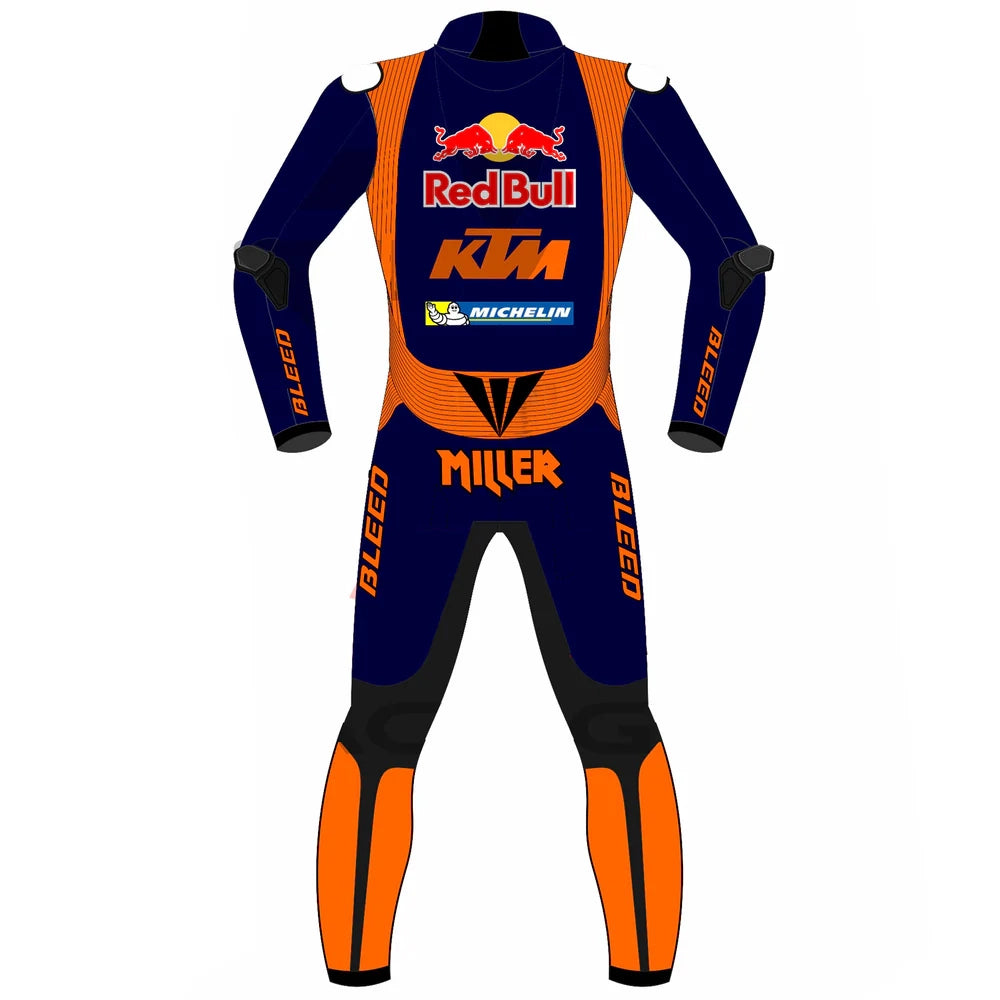 2023 Jack Miller KTM MotoGp leather racing suit front view showing navy orange red bull livery and CE armor points