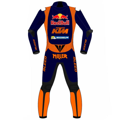 2023 Jack Miller KTM MotoGp leather racing suit front view showing navy orange red bull livery and CE armor points