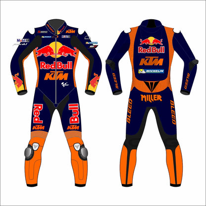 2023 Jack Miller KTM MotoGp leather racing suit front view showing navy orange red bull livery and CE armor points