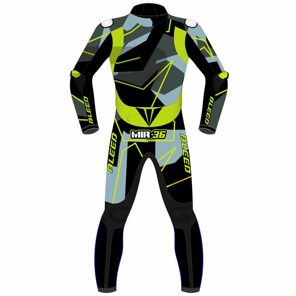 2023 Joan Mir Honda Winter Test MotoGp leather suit front view featuring grey camo design with hi-vis yellow accents and CE armor