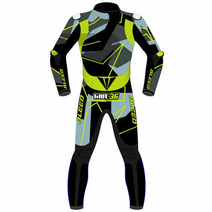 2023 Joan Mir Honda Winter Test MotoGp leather suit front view featuring grey camo design with hi-vis yellow accents and CE armor