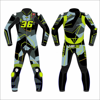 2023 Joan Mir Honda Winter Test MotoGp leather suit front view featuring grey camo design with hi-vis yellow accents and CE armor