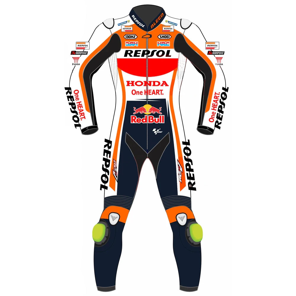 2023 Joan Mir Repsol Honda MotoGp leather racing suit front view showing white red orange livery and CE armor point