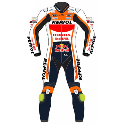 2023 Joan Mir Repsol Honda MotoGp leather racing suit front view showing white red orange livery and CE armor point