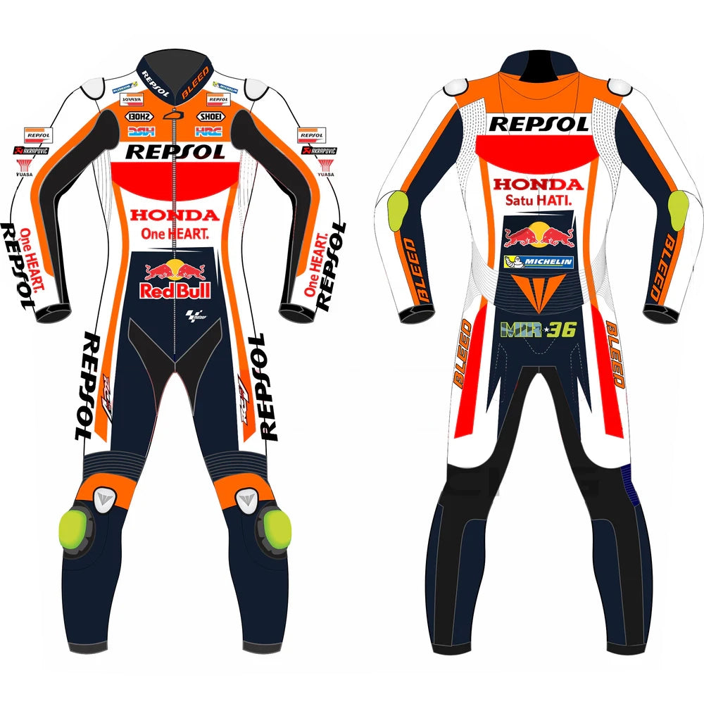 2023 Joan Mir Repsol Honda MotoGp leather racing suit front view showing white red orange livery and CE armor point