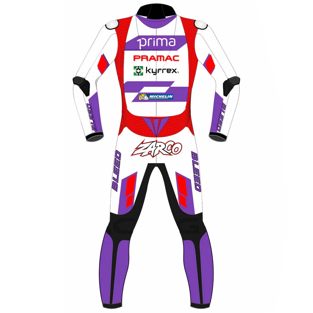 2023 Johann Zarco MotoGP leather racing suit front view white purple red Prima Pramac Ducati graphics