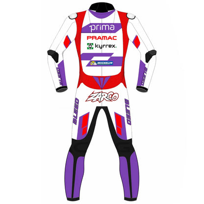 2023 Johann Zarco MotoGP leather racing suit front view white purple red Prima Pramac Ducati graphics