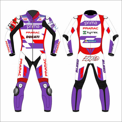 2023 Johann Zarco MotoGP leather racing suit front view white purple red Prima Pramac Ducati graphics