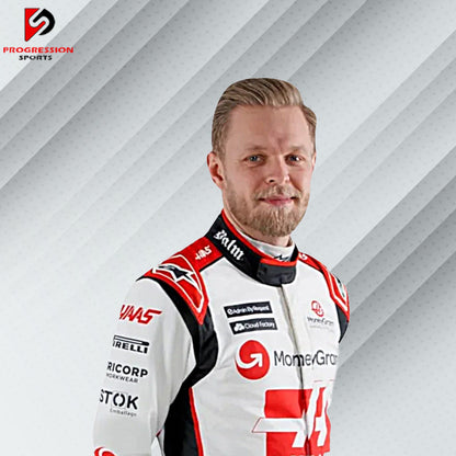 2023 Kevin Magnussen Haas F1 race suit in white with red accents and official sponsor logos including MoneyGram and Haas Automation

