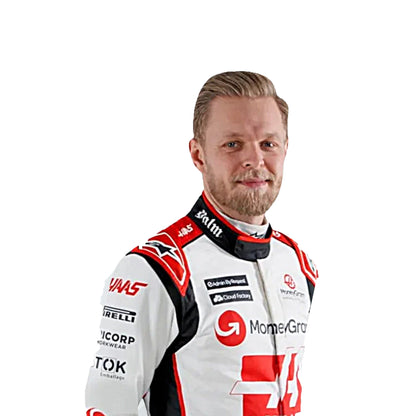 2023 Kevin Magnussen Haas F1 Race Suit in white black and red livery standing profile view