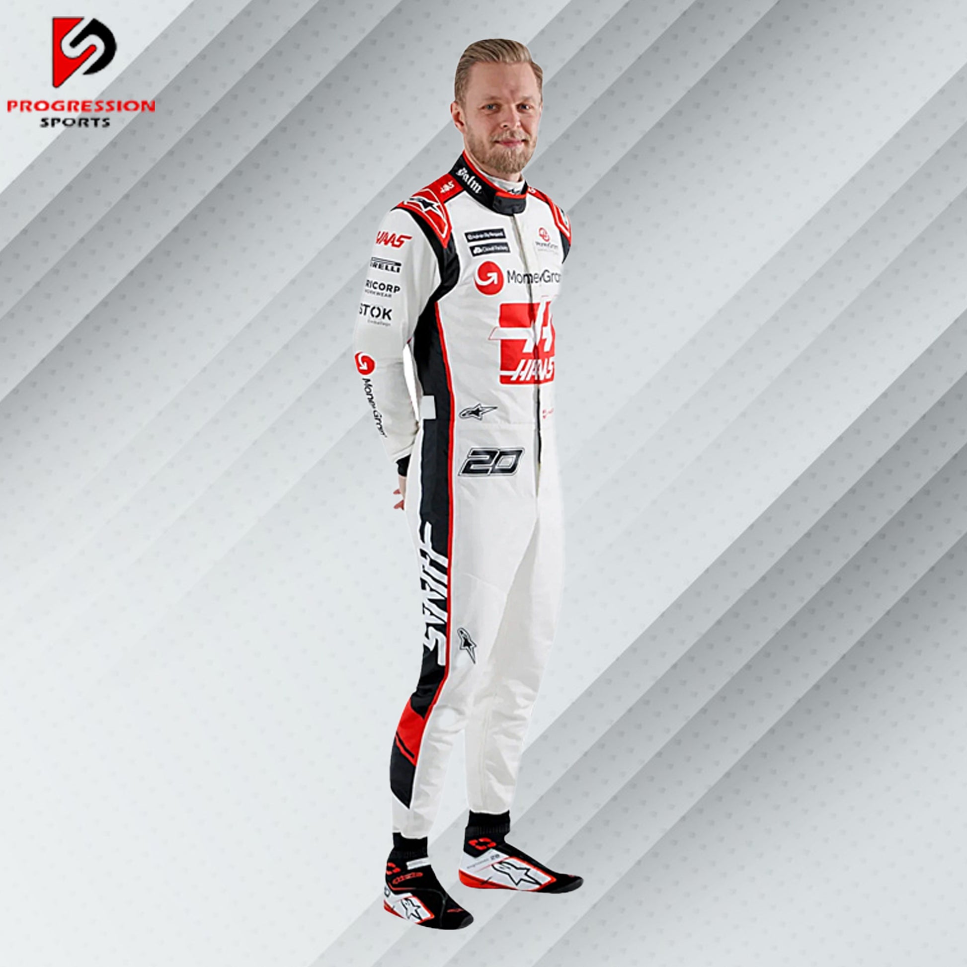 2023 Kevin Magnussen Haas F1 race suit in white with red accents and official sponsor logos including MoneyGram and Haas Automation

