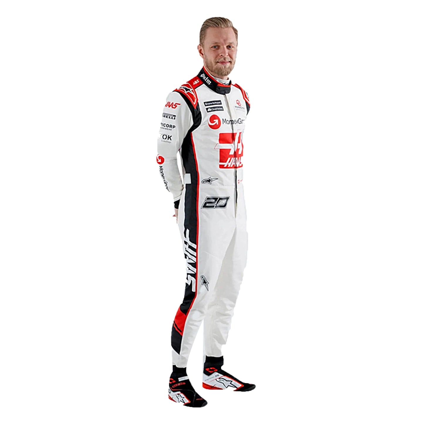 2023 Kevin Magnussen Haas F1 Race Suit in white black and red livery standing profile view