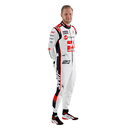 2023 Kevin Magnussen Haas F1 Race Suit in white black and red livery standing profile view