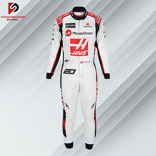 2023 Kevin Magnussen Haas F1 race suit in white with red accents and official sponsor logos including MoneyGram and Haas Automation

