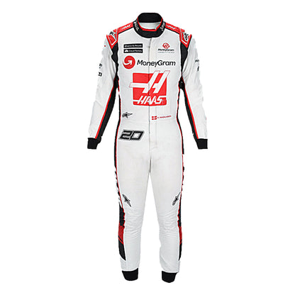2023 Kevin Magnussen Haas F1 Race Suit in white black and red livery standing profile view