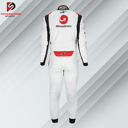 2023 Kevin Magnussen Haas F1 race suit in white with red accents and official sponsor logos including MoneyGram and Haas Automation

