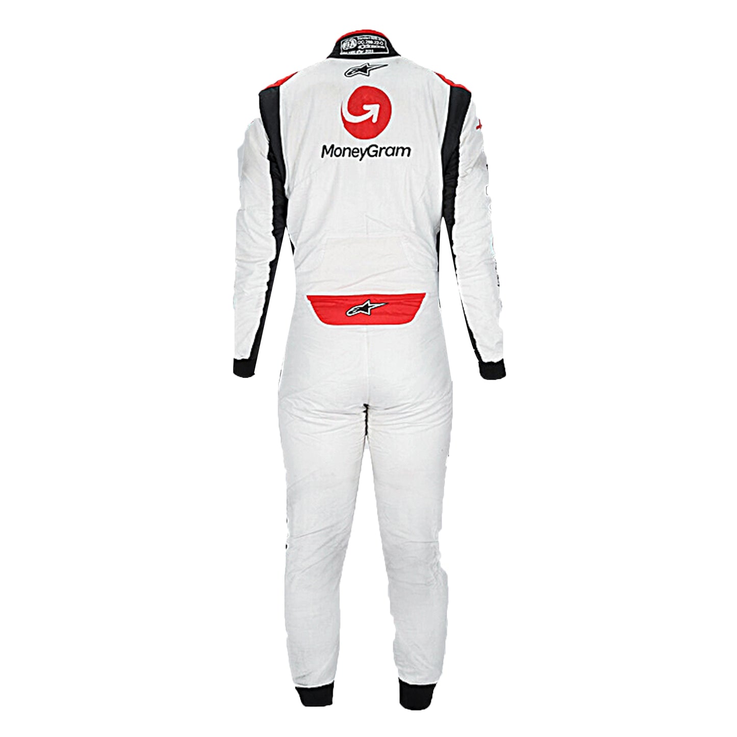 2023 Kevin Magnussen Haas F1 Race Suit in white black and red livery standing profile view