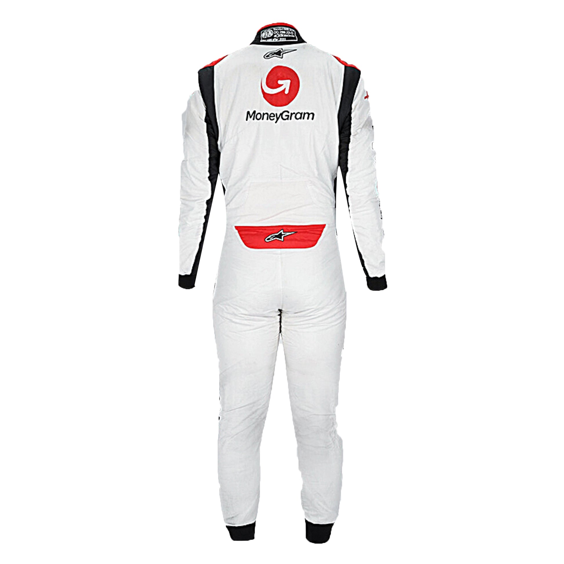 2023 Kevin Magnussen Haas F1 Race Suit in white black and red livery standing profile view