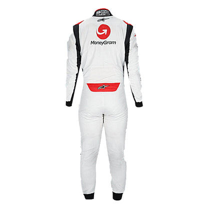 2023 Kevin Magnussen Haas F1 Race Suit in white black and red livery standing profile view