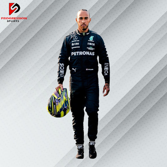 2023 Lewis Hamilton Mercedes F1 race suit in black with Petronas, AMG, Tommy Hilfiger, and Mercedes-Benz sponsor logos

