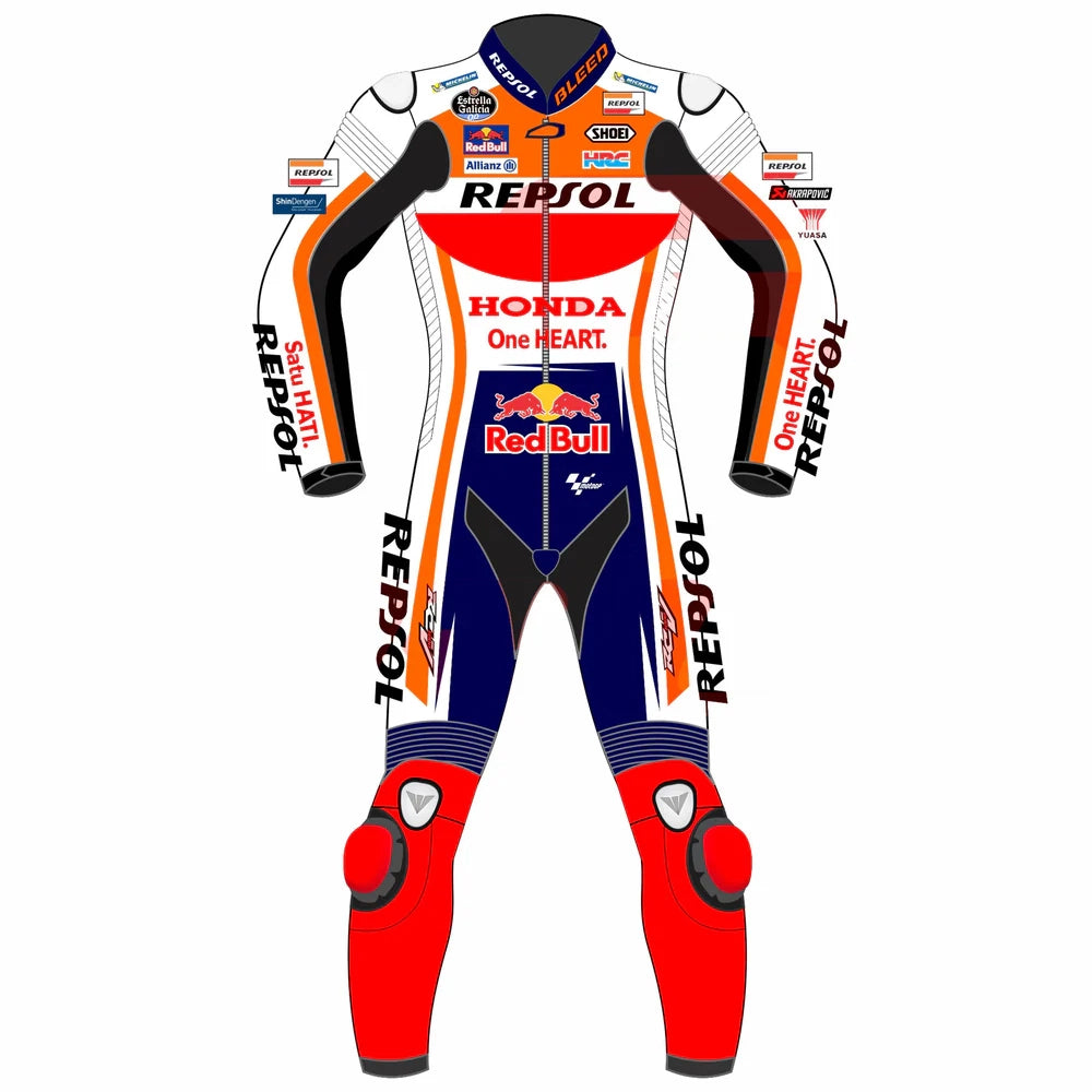 2023 Marc Marquez MotoGP leather racing suit front view orange white navy Repsol Honda graphics