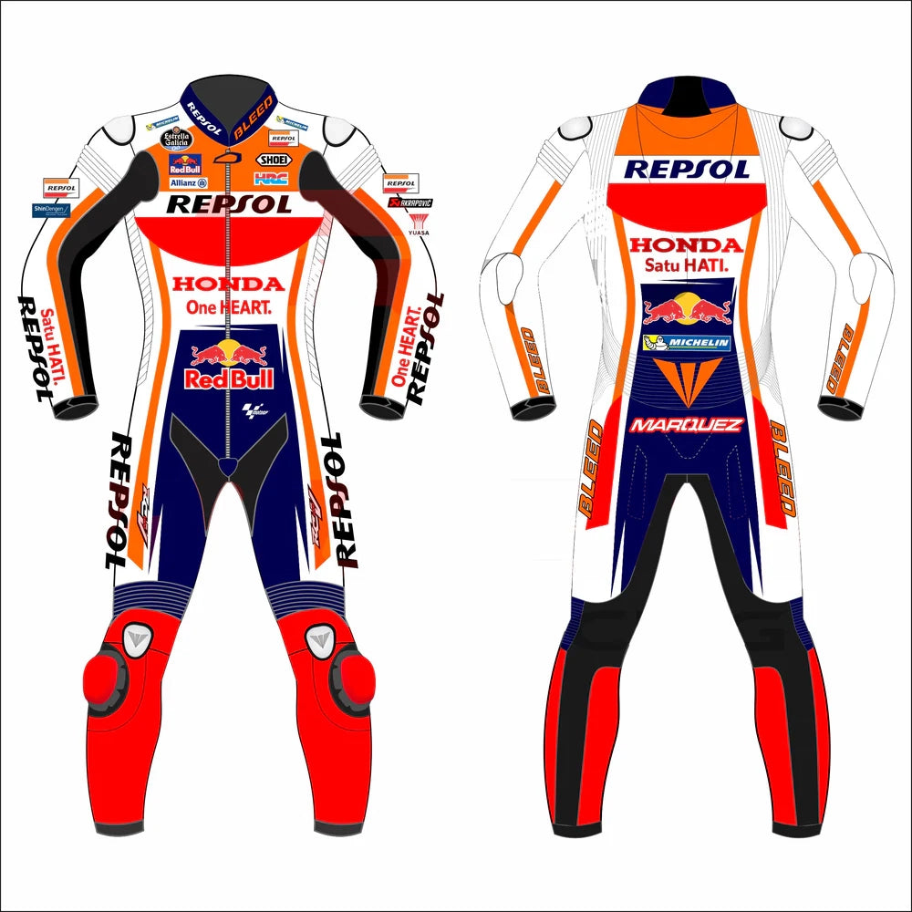2023 Marc Marquez MotoGP leather racing suit front view orange white navy Repsol Honda graphics