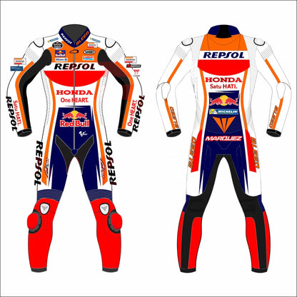 2023 Marc Marquez MotoGP leather racing suit front view orange white navy Repsol Honda graphics