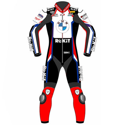 2023 Michael van der Mark WSBK leather racing suit front view white black red blue ROKiT BMW Motorrad graphics