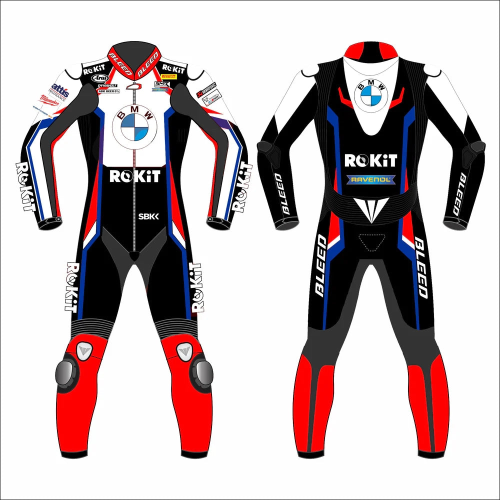 2023 Michael van der Mark WSBK leather racing suit front view white black red blue ROKiT BMW Motorrad graphics