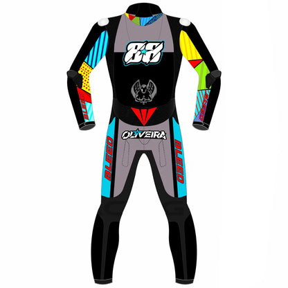 2023 Miguel Oliveira MotoGP leather racing suit front view black cyan yellow red Aprilia Winter Test graphics