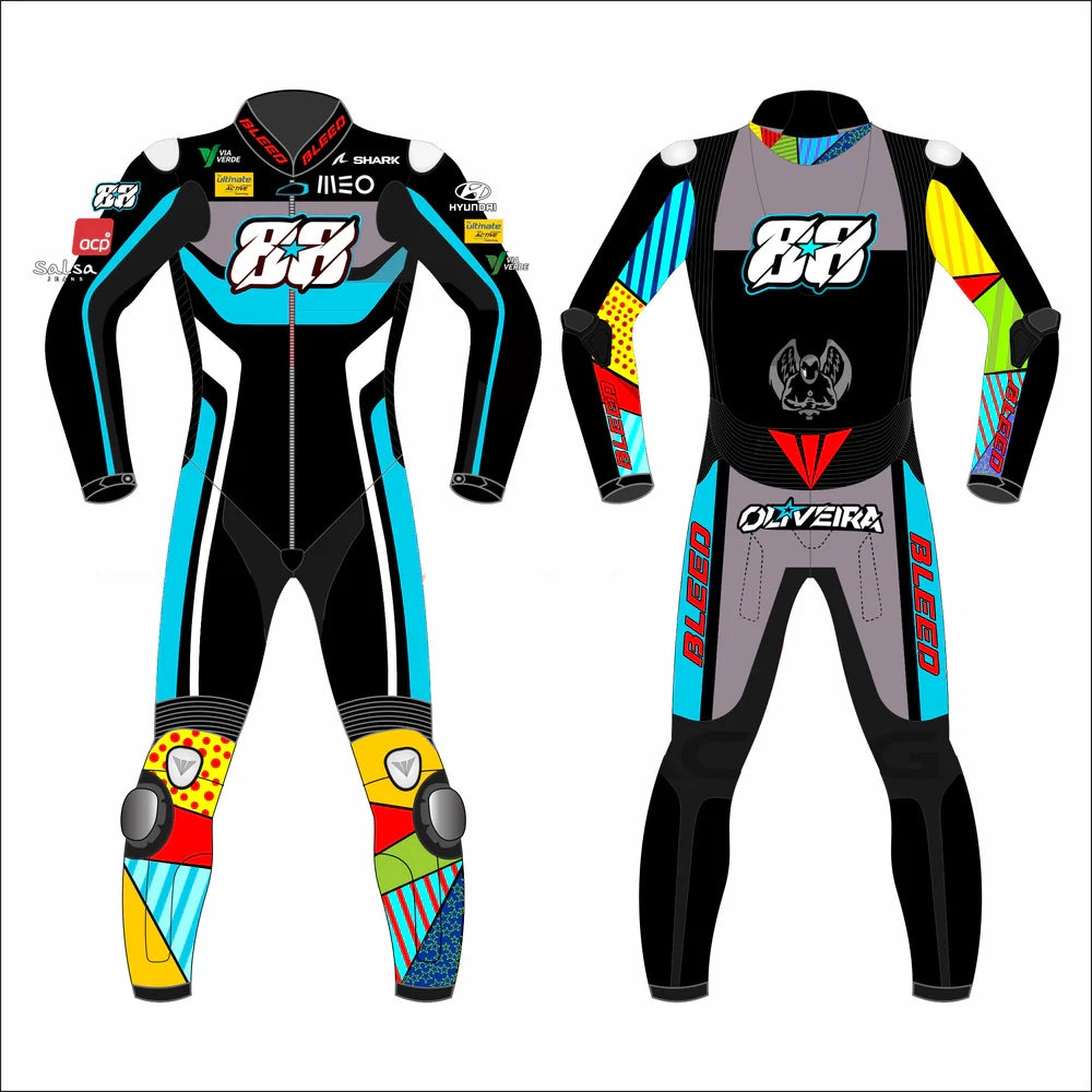 2023 Miguel Oliveira MotoGP leather racing suit front view black cyan yellow red Aprilia Winter Test graphics