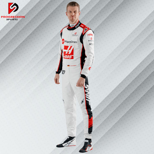 2023 Nico Hülkenberg Haas F1 race suit in white with red detailing and official Haas, MoneyGram, and sponsor logos

