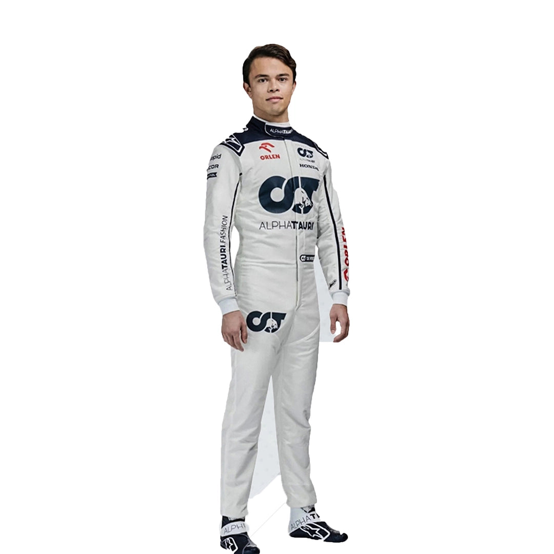 Person wearing a racing suit with visible branding on a white background