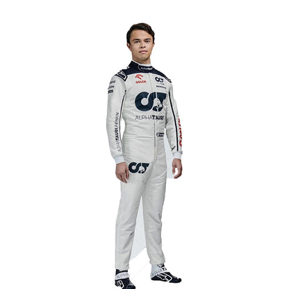 Person wearing a racing suit with visible branding on a white background