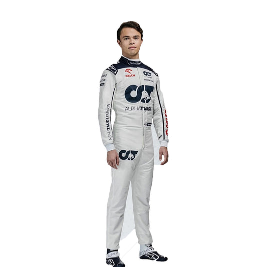 Person wearing a racing suit with visible branding on a white background