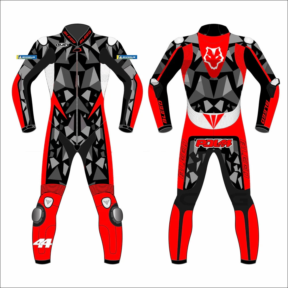2023 Pol Espargaro MotoGP leather racing suit back view red grey geometric camo POL44 GASGAS KTM Winter Test graphics