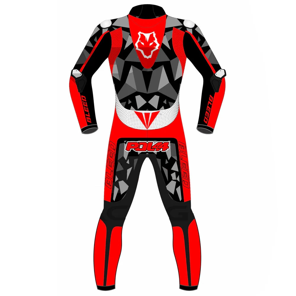 2023 Pol Espargaro MotoGP leather racing suit back view red grey geometric camo POL44 GASGAS KTM Winter Test graphics