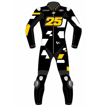2023 Raul Fernandez MotoGP leather racing suit front view black white yellow 25 Aprilia Winter Test graphics