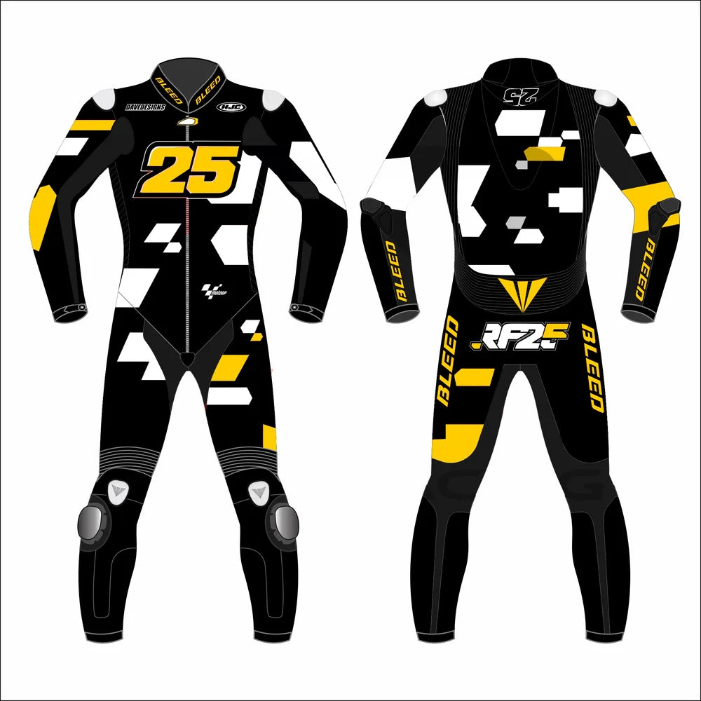 2023 Raul Fernandez MotoGP leather racing suit front view black white yellow 25 Aprilia Winter Test graphics