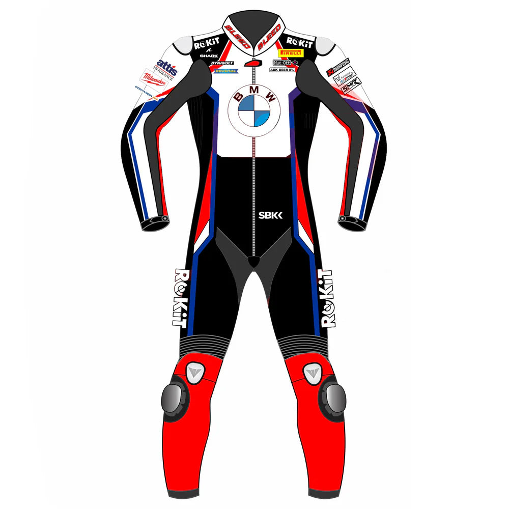 2023 Scott Redding WSBK leather racing suit front view white black red blue ROKiT BMW Motorrad graphics